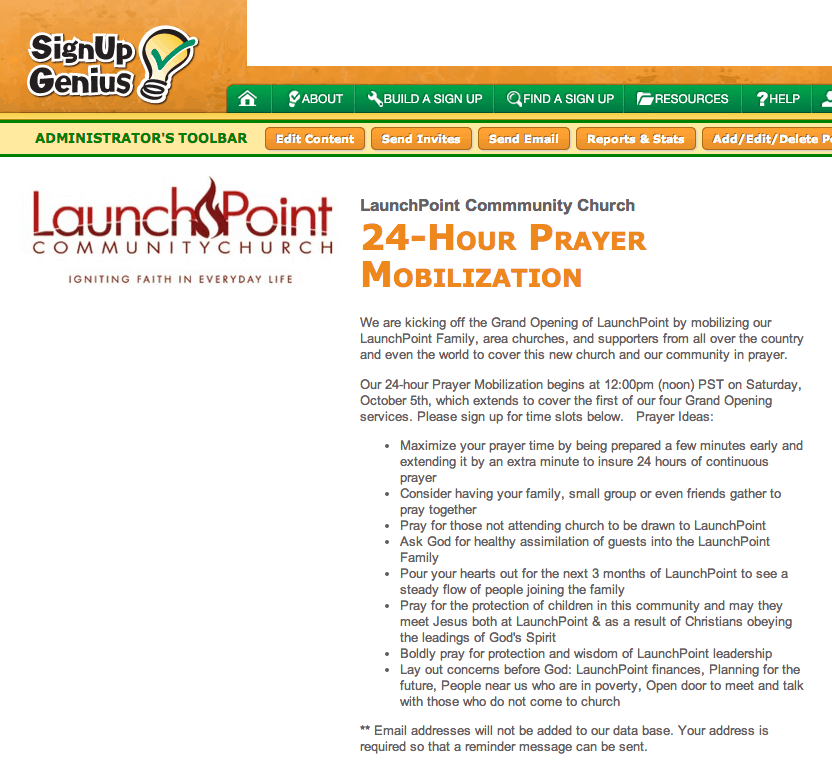 signup genius for church plant prayer team